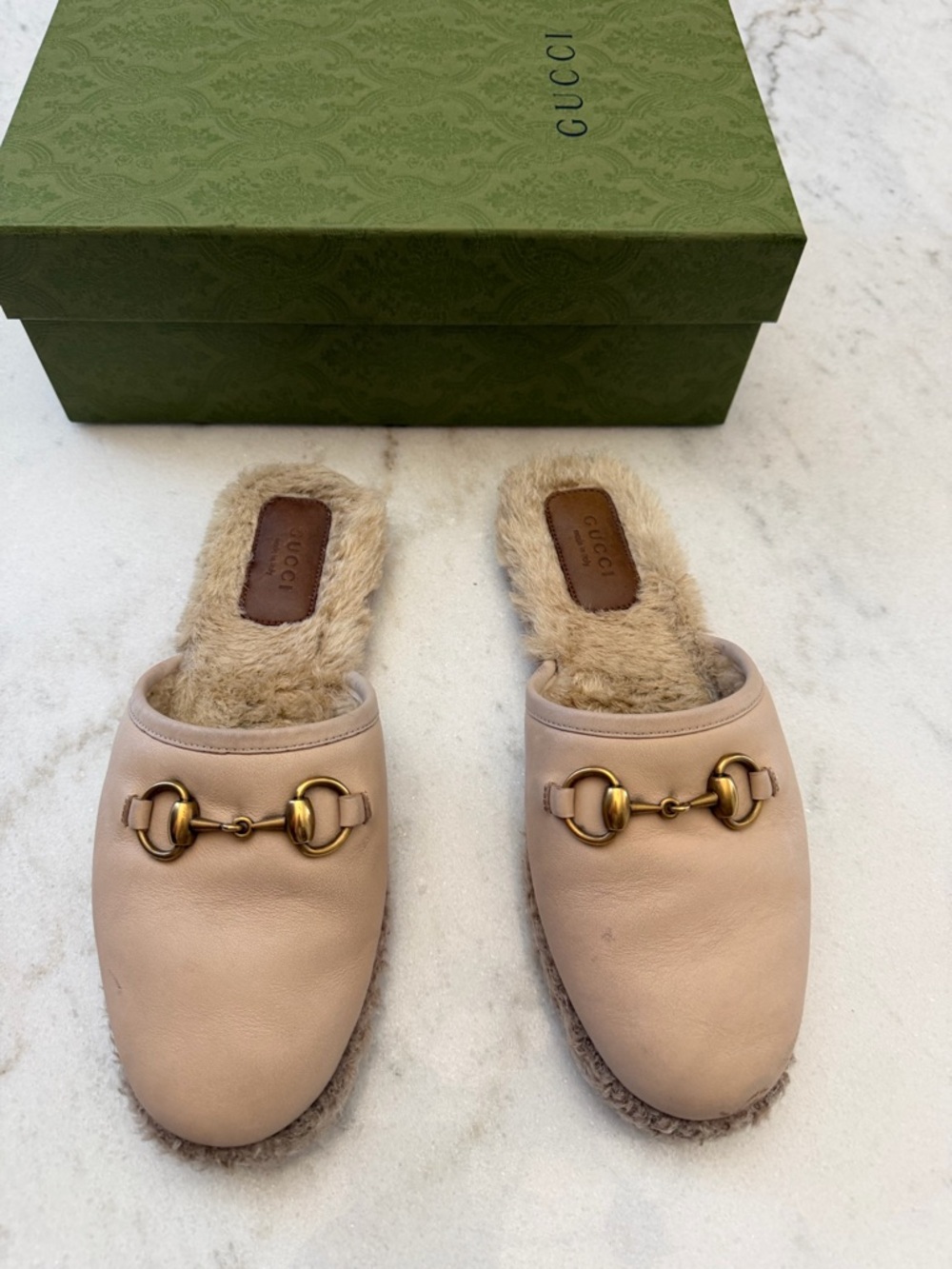 Gucci Beige Leather Fur-Lined Horsebit Mules